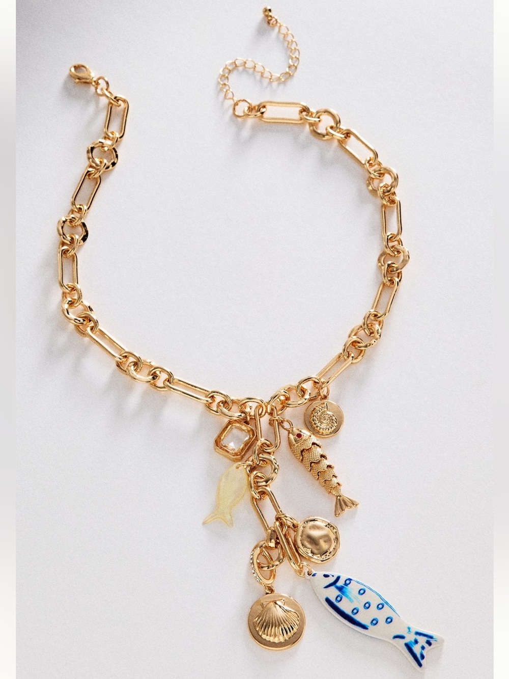 Anthropologie Charm Necklace 14K Gold Plated Blue White Fish Shell Charms NEW